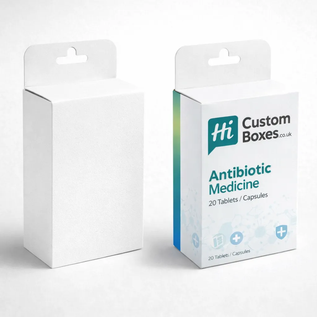Two vertical medicinal boxes, one plain white and one with teal waves and HCB branding. class=